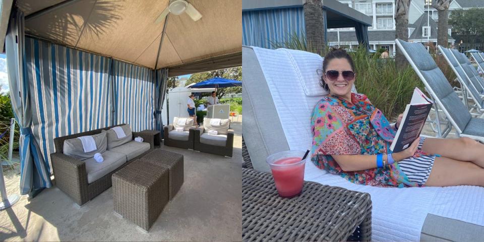 photo of an empty yacht club pool cabana next to a photo of kari lounging on the cabana chairs by the pool