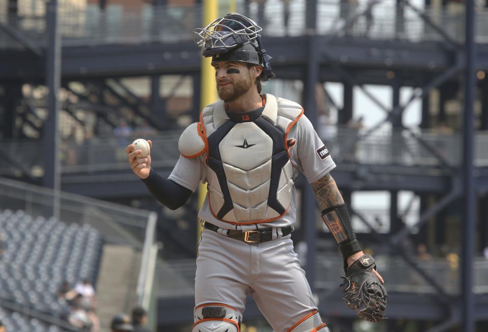 Tigers catcher Eric Haase receives a new ball from the umpire against the Pirates during the first inning on Wednesday, Aug. 2, 2023, in Pittsburgh.