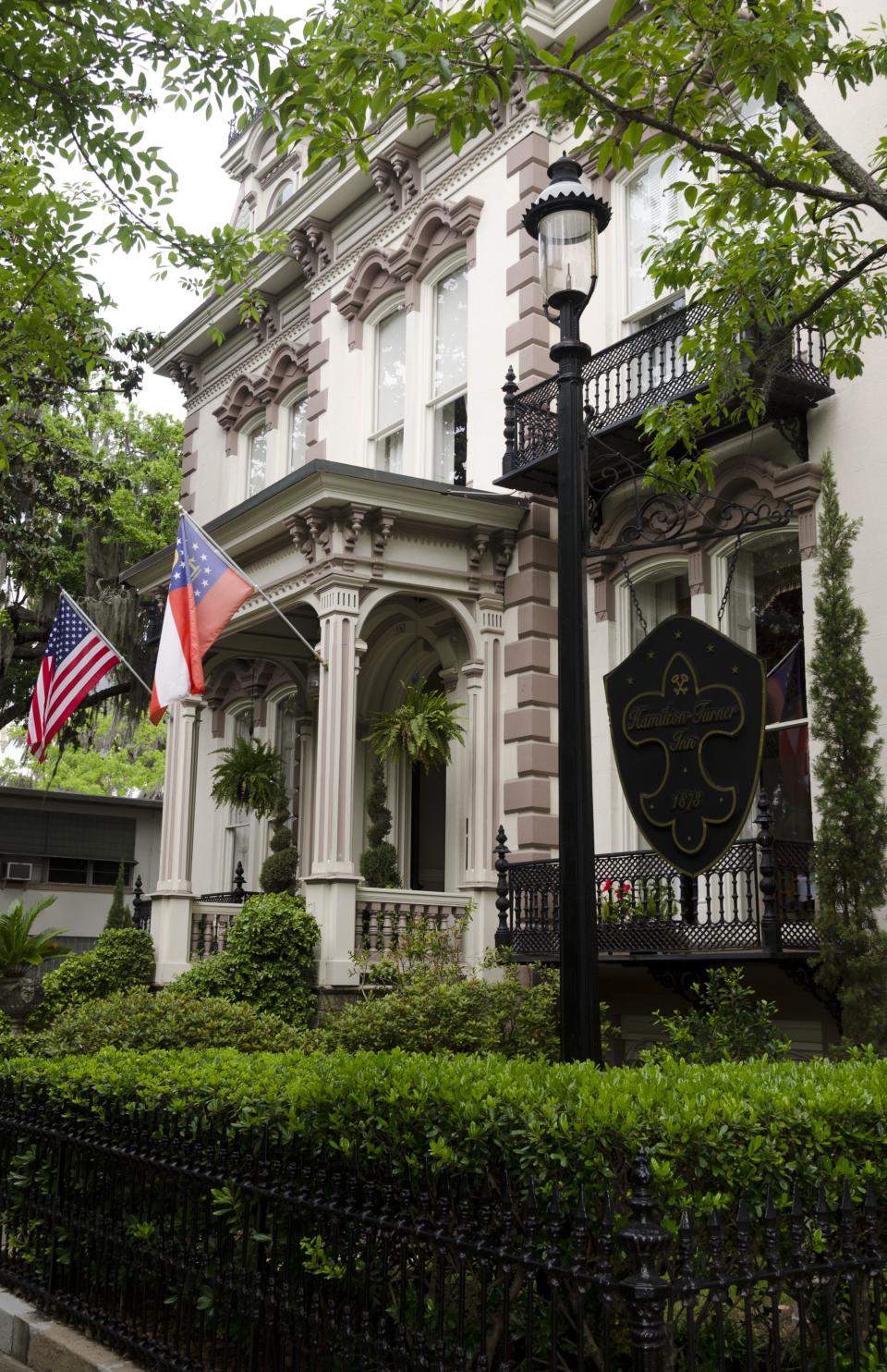 The front exterior of the historic Hamilton-Turner Inn in Savannah, Georgia