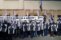 French police protest in front of the police station in Champigny-sur-Marne
