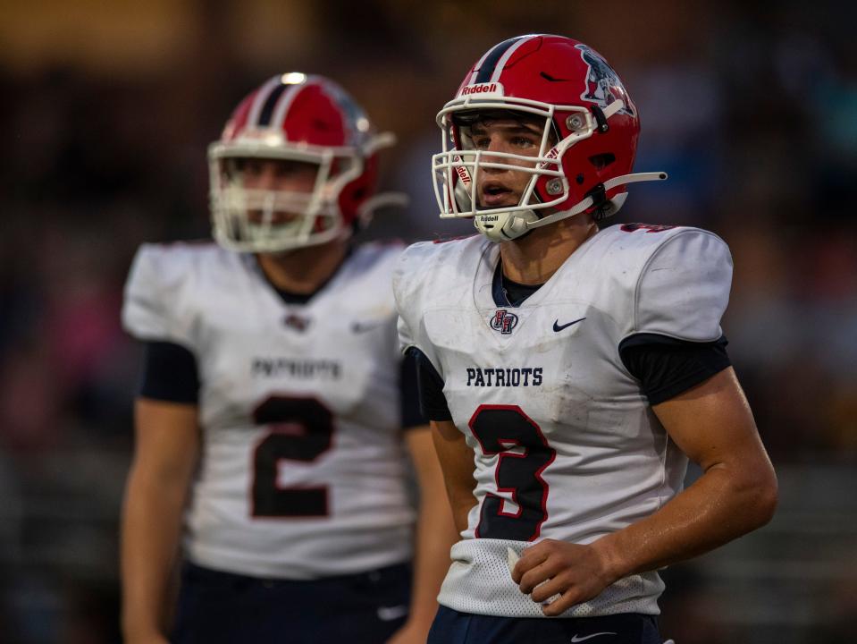 Heritage Hills' Jett Goldsberry (3) looks to the sideline for the play as the Heritage Hills Patriots play the Boonville Pioneers Friday, Sept. 1, 2023.