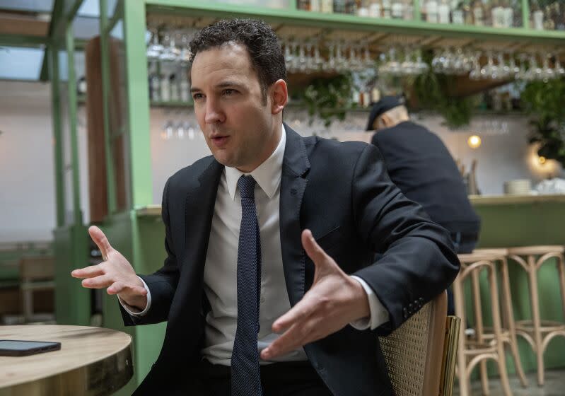 WEST HOLLYWOOD, CA-MARCH 8, 2023: Actor Ben Savage, who starred in "Boy Meets World," and is running for Congress, is photographed while being interviewed by reporter in West Hollywood. (Mel Melcon / Los Angeles Times)