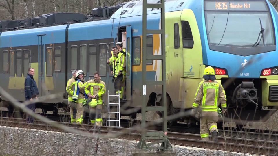 Ein Regional-Express steht auf einem Gleis bei Rheine. Der Zug musste halten und wurde geräumt, nachdem umgestürzte Bäume die Bahngleise auf der Strecke zwischen Rheine und Salzbergen blockiert hatten.