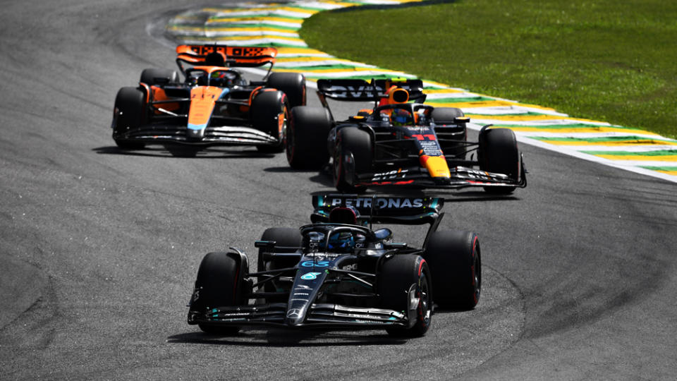 Mercedes driver George Russell leads Red Bull's Sergio Perez and McLaren's Oscar Piastri during the 2023 Brazilian Grand Prix, though he didn't finish the race.