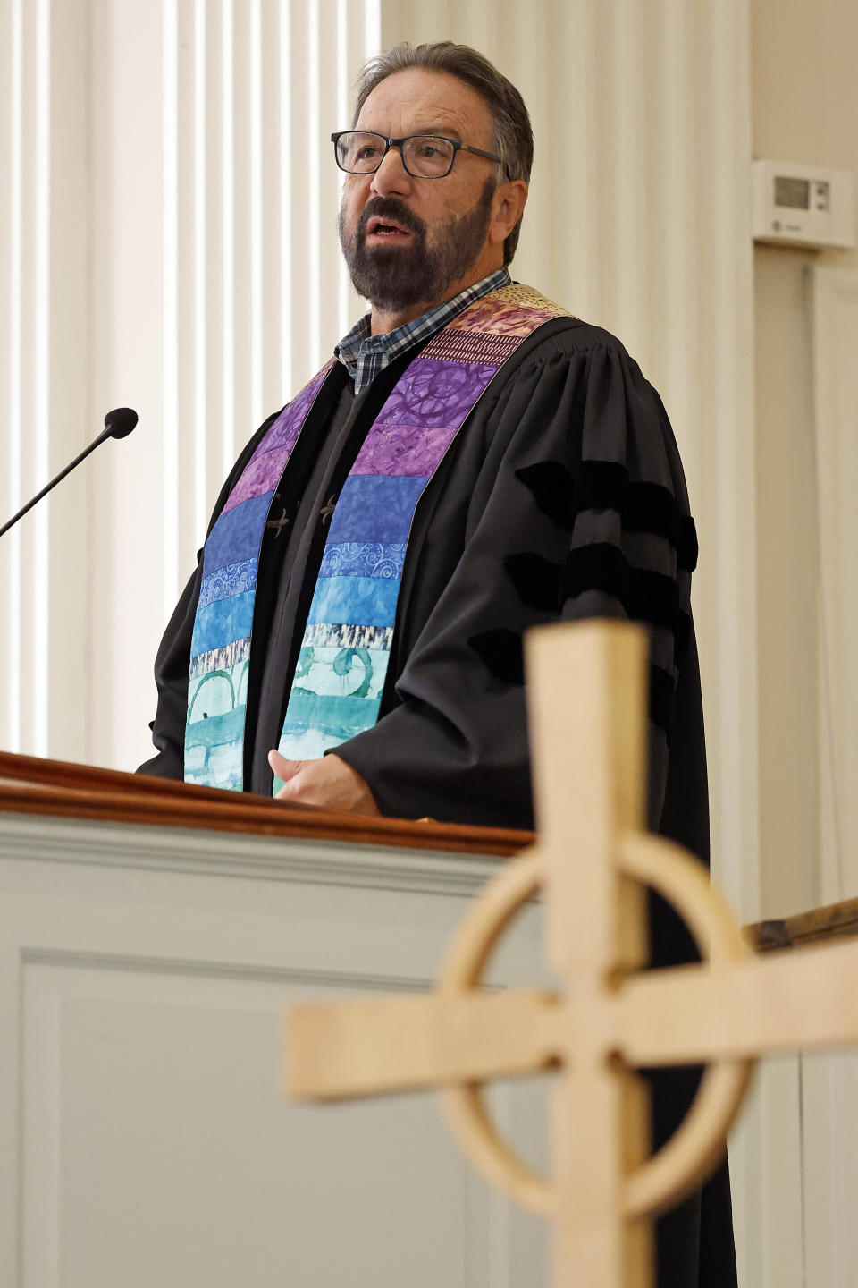 Pastor Mike Usey delivers his sermon to the congregation at College Park Baptist Church in Greensboro, N.C., Sunday, Sept. 25, 2022. The College Park church found itself in the news last week when the Southern Baptist Convention's Executive Committee voted to remove it from its rolls because of its “open affirmation, approval and endorsement of homosexual behavior." That action came 23 years after the congregation itself voted to leave the SBC, but according to the Executive Committee, it had remained on its rolls until now.(AP Photo/Karl DeBlaker)