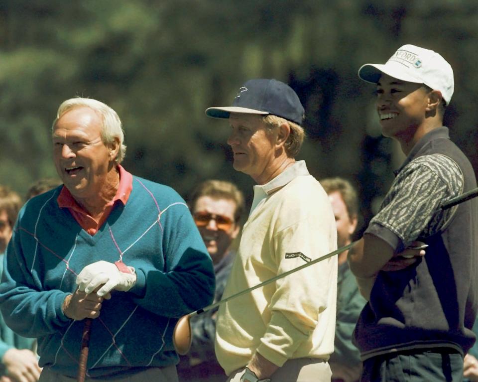 <p>Four-time Masters winner Arnold Palmer, left, six-time Masters winner Jack Nicklaus, center, and Tiger Woods watch from the 15th tee during practice for the Masters at the Augusta National Golf Club in Augusta, Ga., Wednesday, April 10, 1996. (AP Photo/Phil Sandlin) </p>