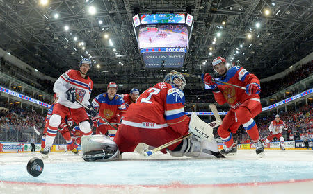 Ice Hockey - 2016 IIHF World Championship - Group A - Russia v Czech Republic - Moscow, Russia - 6/5/16 - Russia's goalkeeper Sergei Bobrovski looks at the puck. REUTERS/Alex Kudenko/Sputnik/Pool/