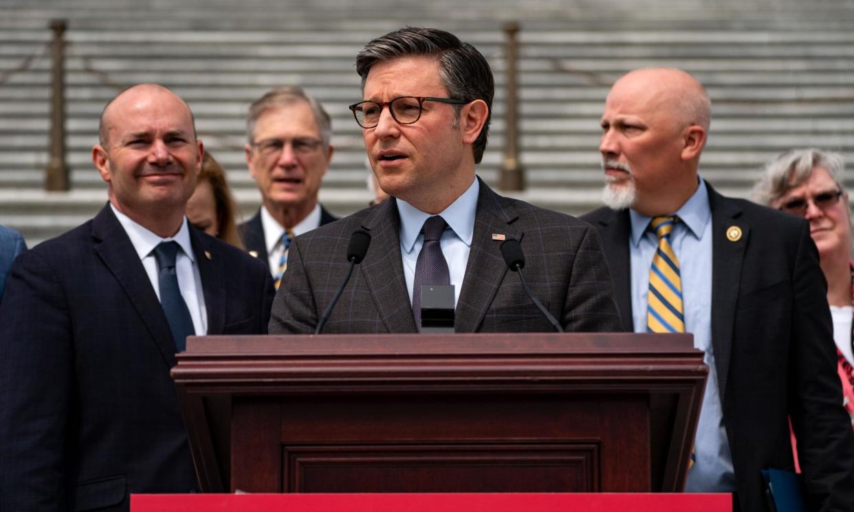 <span>Mike Johnson introducing the Save act at the US Capitol on 8 May 2024 in Washington DC.</span><span>Photograph: Kent Nishimura/Getty Images</span>