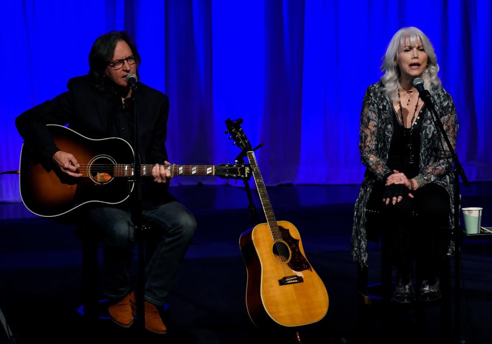 Jeff Hanna of the Nitty Gritty Dirt Band and Emmylou Harris perform Wednesday during a press conference for the new exhibit "Western Edge: The Roots and Reverberations of Los Angeles Country-Rock," opening in September at the Country Music Hall of Fame. The exhibit will open Sept. 30 for a three-year run.