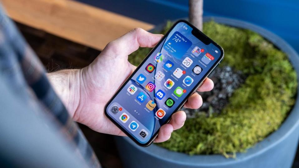 Photo from around a person’s right shoulder, looking down at an iPhone (on its Home Screen) in the person’s left hand. A potted plant sits behind it.