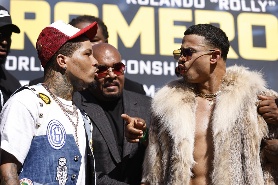 LOS ANGELES, CALIFORNIA - OCTOBER 21: Gervonta Davis and Rolando Romero face off during a press conference ahead of their WBA Lightweight Championship fight on December 5, at Staples Center on October 21, 2021 in Los Angeles, California. (Photo by Michael Owens/Getty Images)