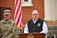 Maryland Gov. Larrry Hogan Hogan gives an update on the coronavirus pandemic Thursday, March 19, 2020 at the State House in Annapolis. He said the state Department of Transportation will restrict access to BWI-Thurgood Marshall terminal to ticketed passengers and necessary personnel. (Amy Davis/The Baltimore Sun via AP) )