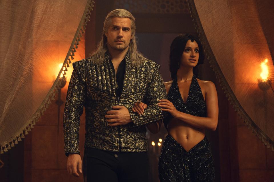 Henry Cavill (Geralt of Rivia) and Anya Chalotra (Yennefer) in season 3 of Netflix's "The Witcher." Cavill announced in October 2022 that he was leaving the show to pursue other projects.