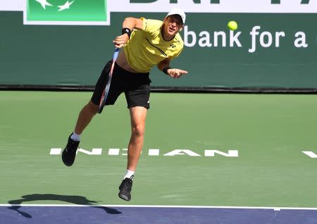 Mar 15, 2019; Indian Wells, CA, USA; Hubert Hurkacz (POL) serves during his semi final match against Roger Federer (not pictured) in the BNP Paribas Open at the Indian Wells Tennis Garden. Mandatory Credit: Jayne Kamin-Oncea-USA TODAY Sports