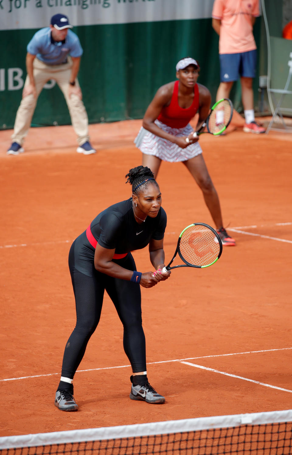 Serena and Venus Williams during their first doubles Grand Slam appearance in two years. (Reuters)