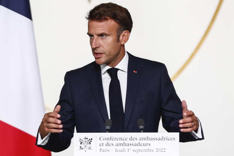 French President Emmanuel Macron delivers a speech during the French ambassadors' conference at the Elysee Palace in Paris, Thursday, Sept.1, 2022. Emmanuel Macron vowed to maintain France's humanitarian, economic and military support to Ukraine and strengthen Europe's unity to put pressure on Russia and prevent it from winning the war it is waging in Ukraine. (Mohammed Badra, Pool via AP)