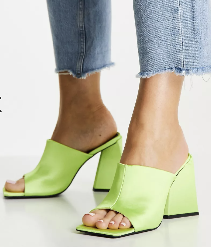 ASOS DESIGN Nyla heeled mules in lime, $56,