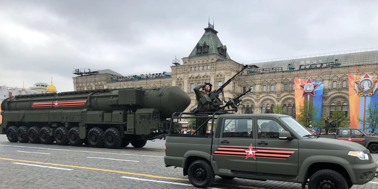 Russian Yars ballistic nuclear missiles on mobile launchers roll through Red Square during the Victory Day military parade rehearsals on May 6, 2018 in Moscow, Russia.