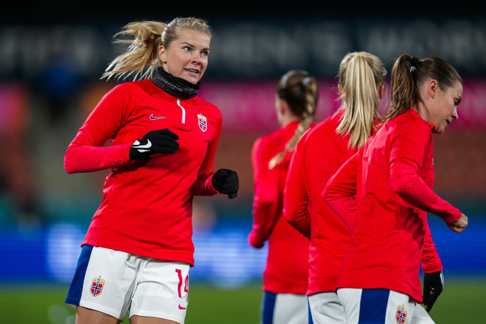 Norway's Ada Hegerberg, left, warms up with teammates before the Women's World Cup Group A soccer match between Switzerland and Norway in Hamilton, New Zealand, Tuesday, July 25, 2023. (AP Photo/Abbie Parr)