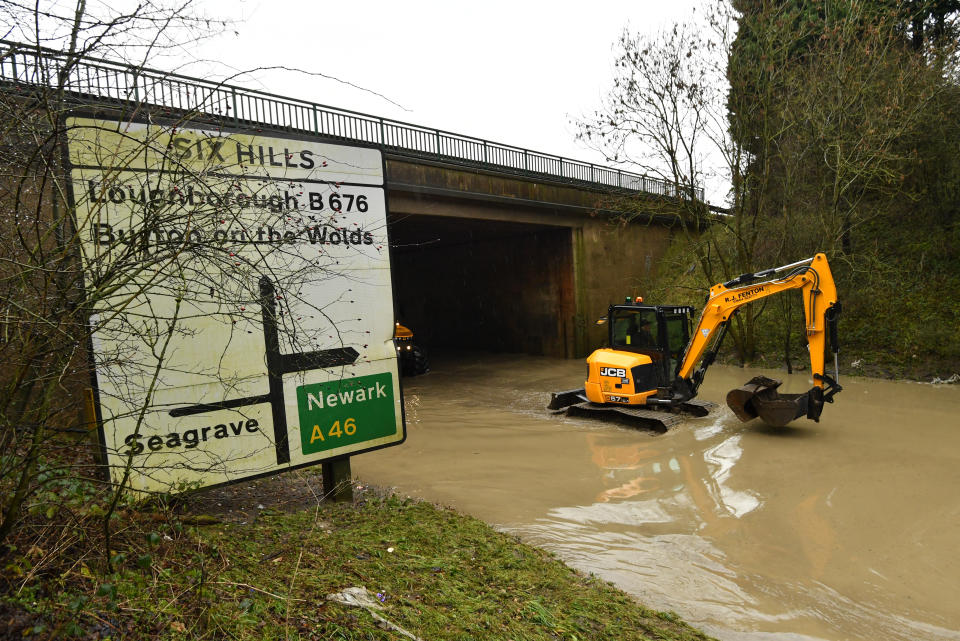 Flooding under the A46 at Six Hills in Leicestershire.