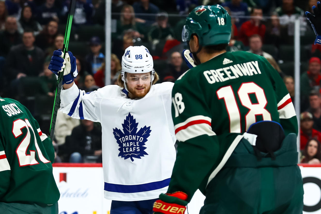 Dec 31, 2019; Saint Paul, Minnesota, USA; Toronto Maple Leafs right wing William Nylander (88) celebrates after scoring a goal against the Minnesota Wild in the first period at Xcel Energy Center. Mandatory Credit: David Berding-USA TODAY Sports