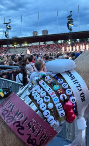 <p>Roger Federer/Instagram</p> Roger Federer shows off his collection of friendship bracelets at Taylor Swift's Eras Tour