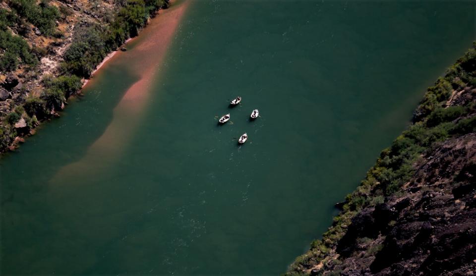 Four white rafts seen from high overhead.