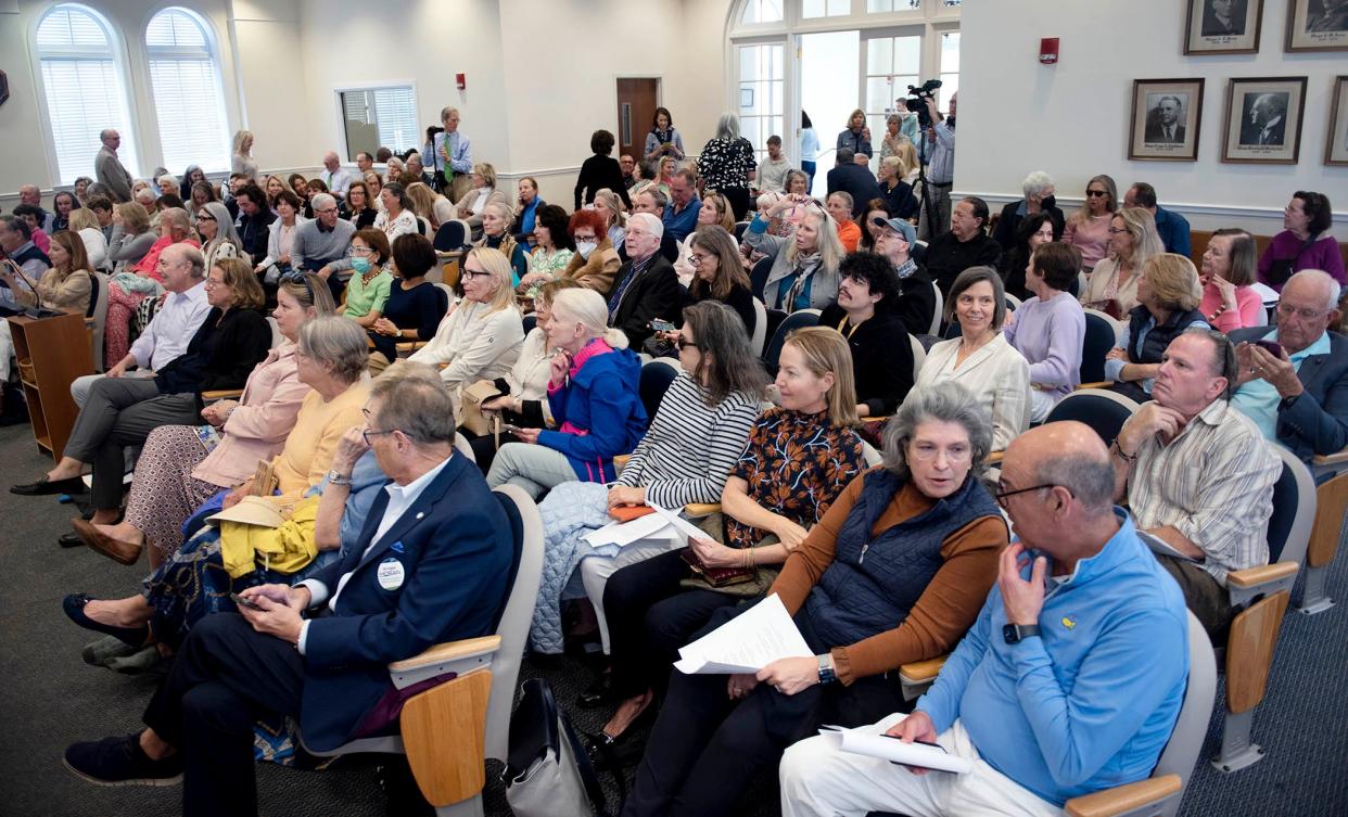 A crowd attends "Where have all the songbirds gone?" III at Town Hall Monday February 5, 2024 in Palm Beach.