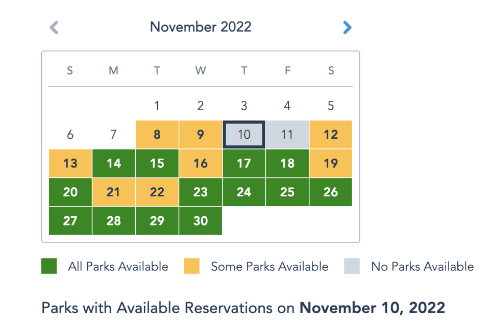 Walt Disney World parks reservations as of 5 p.m. Tuesday