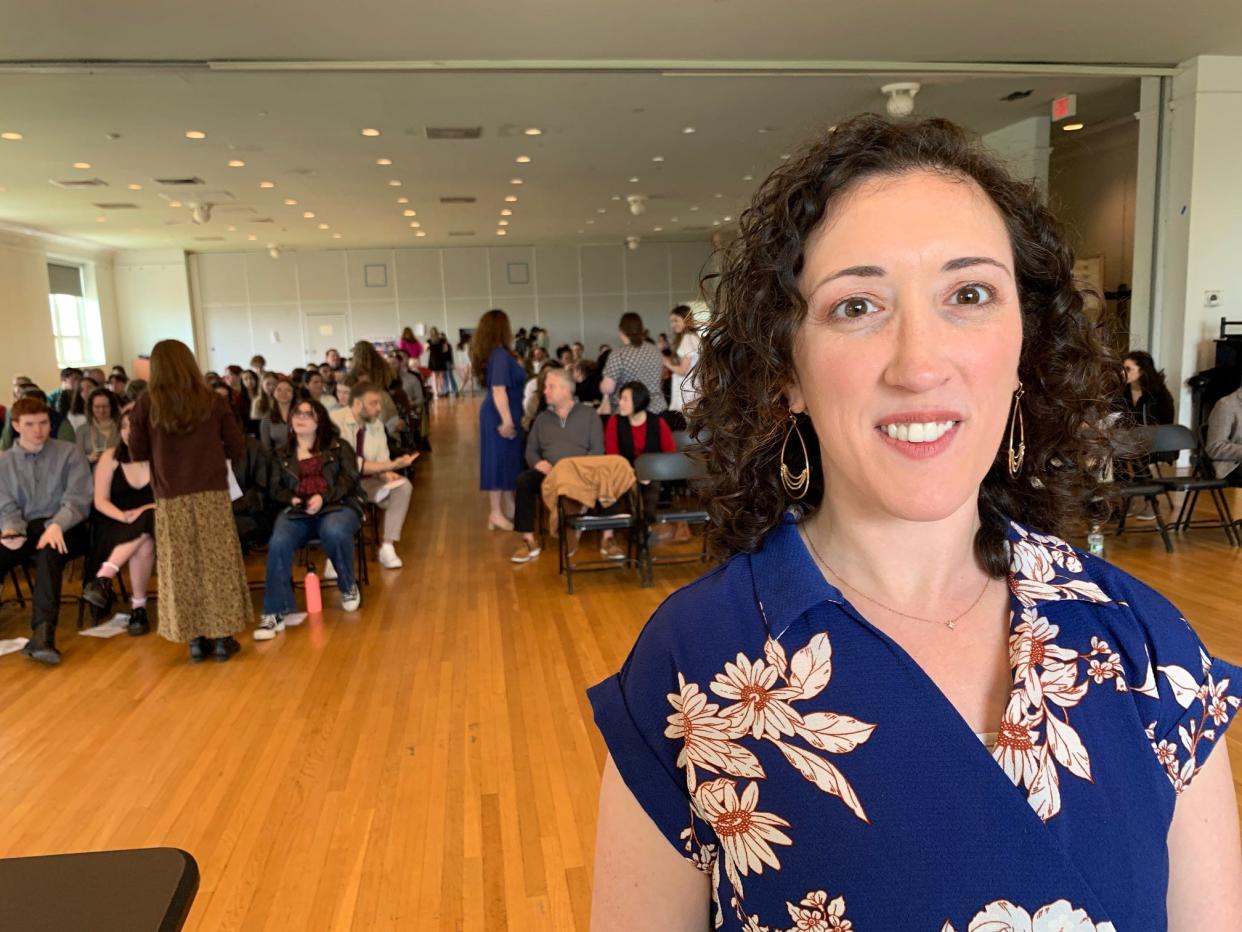 Rye Neck theater teacher Cyndi Feinman at the inaugural Eastern Student Artist Guild award ceremony at Manhattanville University on May 4, 2024. The awards, Feinman's brainchild, honored work by students on plays without music across the Lower Hudson Valley.