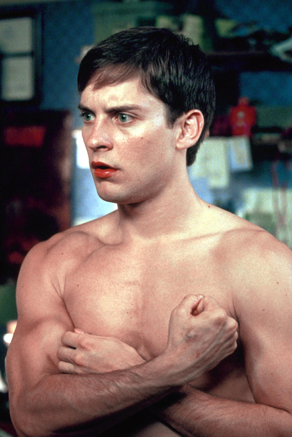 A shirtless Tobey Maguire in "Spider-Man"