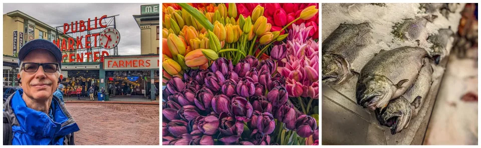 Collage of flowers and fish at the market