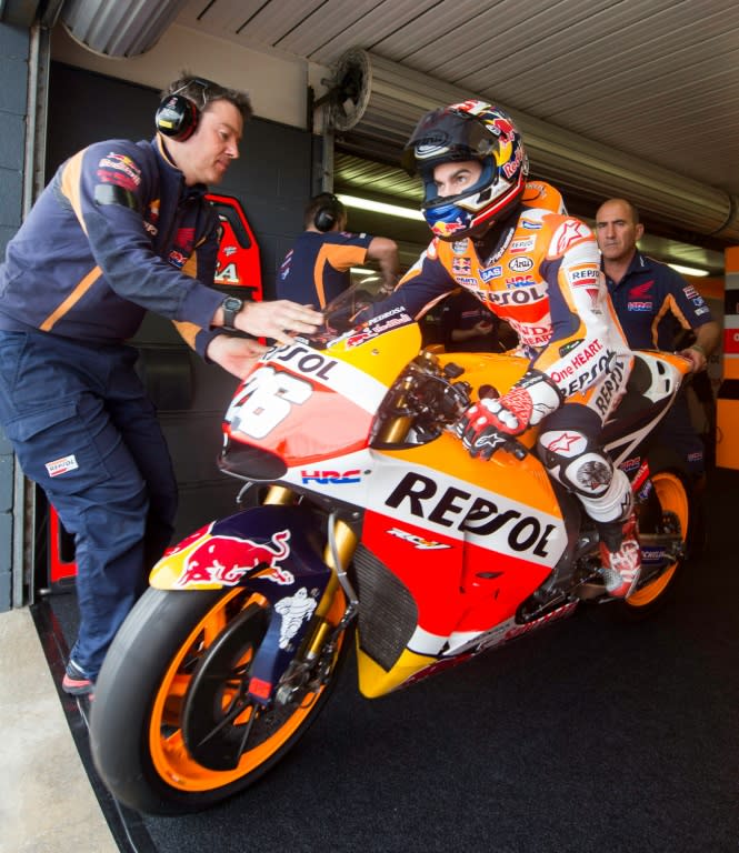 Repsol Honda's Spanish rider Dani Pedrosa exits garage during the third day of the pre-season MotoGP test, on Phillip Island in Australia, on February 19, 2016