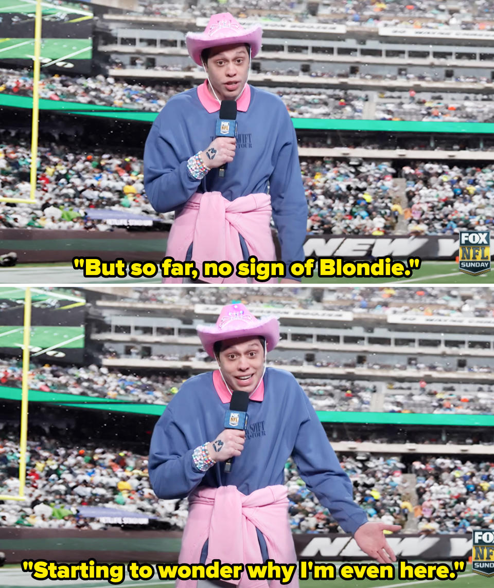 Pete in his attire on the football field in the sketch, saying "But so far, no sign of Blondie — starting to wonder why I'm even here"