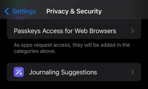 Look for the Journaling Suggestions option under <strong>Settings > Privacy & Security.</strong> - Screenshot: Florence Ion / Gizmodo