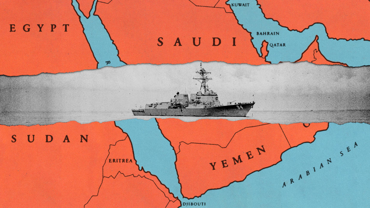  US Navy destroyer against a map of the Middle East and Red Sea. 