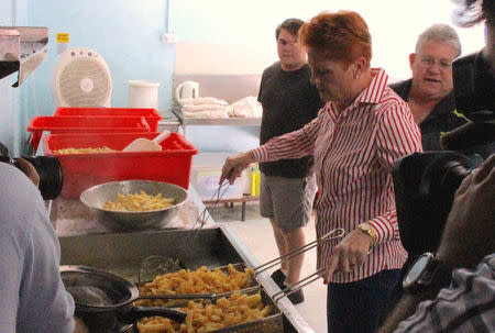 Australian senator Pauline Hanson cooks fish and chips in the kitchen of a shop located on the outskirts of the northern Australian town of Rockhampton in Queensland, Australia, November 9, 2017. Picture taken November 9, 2017. REUTERS/Jonathan Barrett