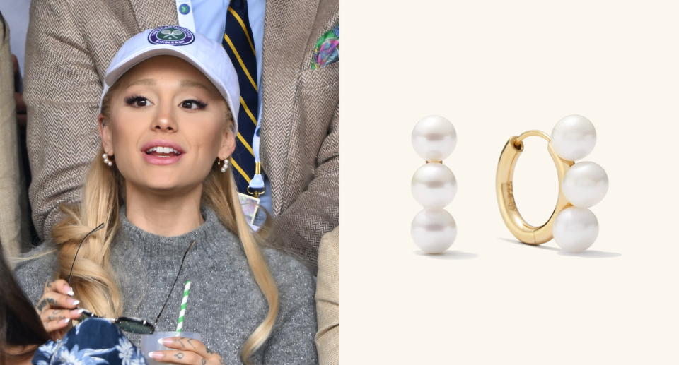 splite screen of ariana grande wearing baseball cap, grey sweater and mejuri earrings, Ariana Grande wearing Mejuri's Bold Pearl Trio Hoop Earrings (photos via Getty & Mejuri).