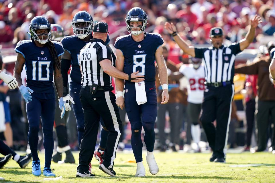 Tennessee Titans quarterback Will Levis (8) gets up after being tackled on a keeper during the third quarter against the Tampa Bay Buccaneers at Raymond James Stadium in Tampa, Fla., Sunday, Nov. 12, 2023.