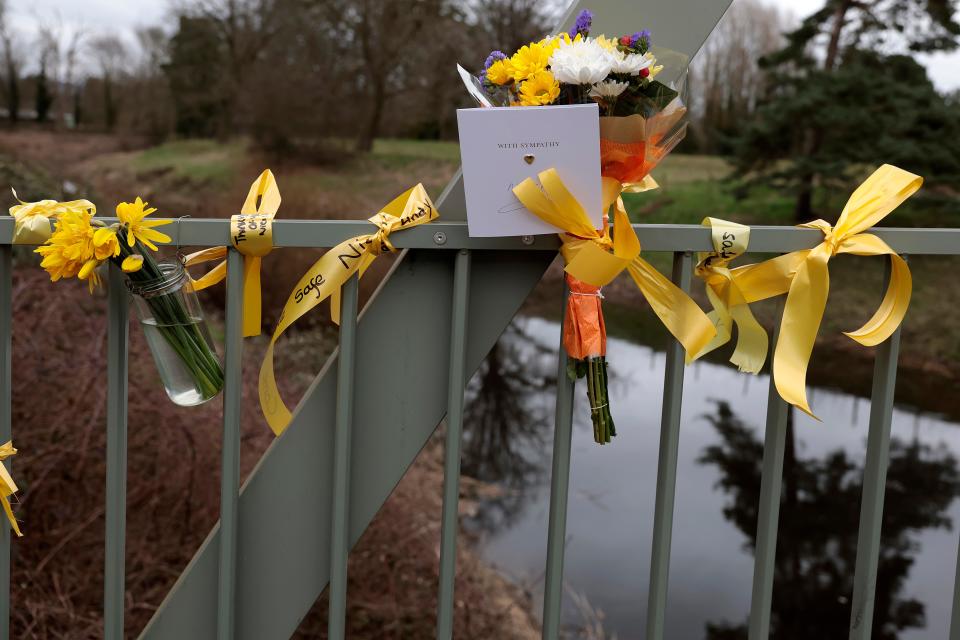 Flowers with a message adorn a footbridge over the River Wyre in tribute to Nicola Bulley in St Michael's on Wyre (Getty Images)