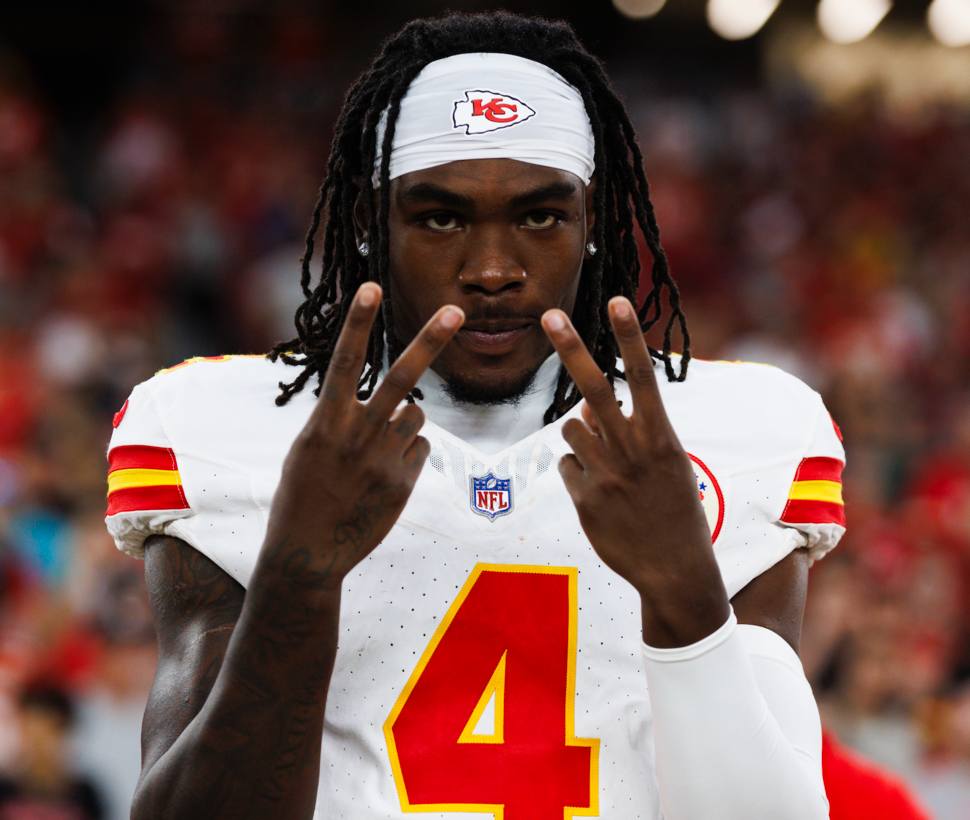 Rashee Rice #4 of the Kansas City Chiefs on the sideline during a game against the Arizona Cardinals at State Farm Stadium on August 19, 2023 in Glendale, Arizona. 