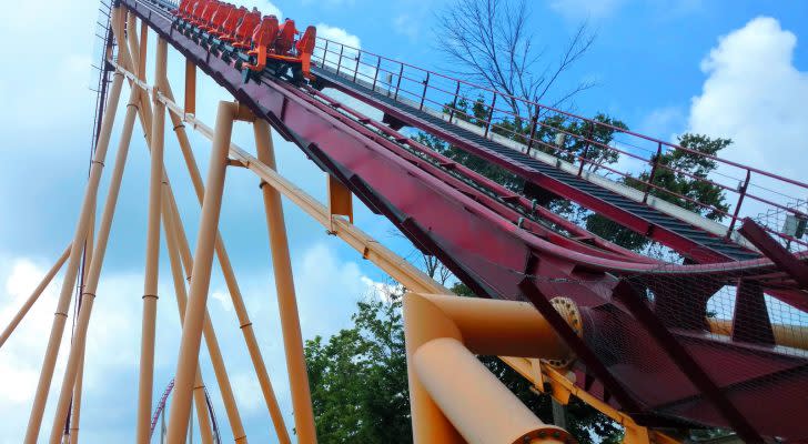 Riders at Kings Island enjoy the suspense as they head to the top of the 215 foot tall drop on Diamondback,