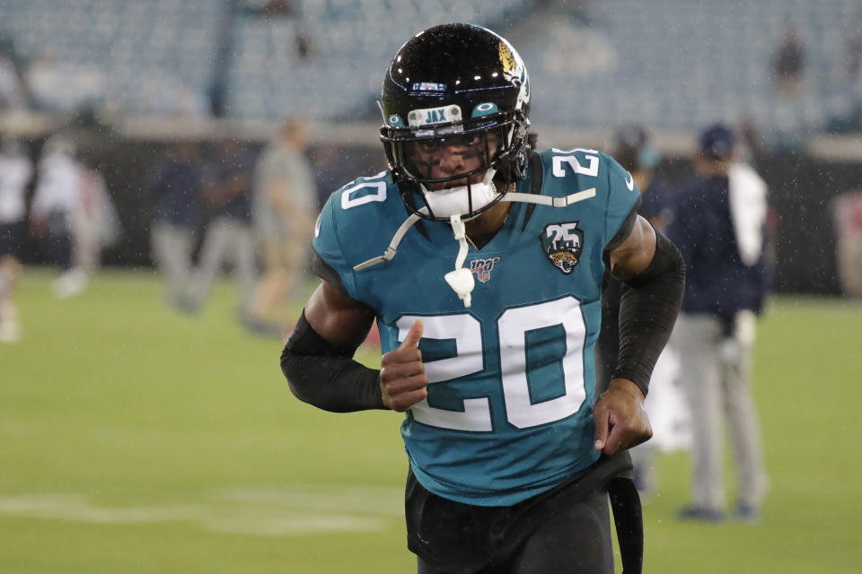 Jacksonville Jaguars cornerback Jalen Ramsey (20) warms up before an an NFL football game against the Tennessee Titans, Thursday, Sept. 19, 2019, in Jacksonville, Fla. (AP Photo/John Raoux)