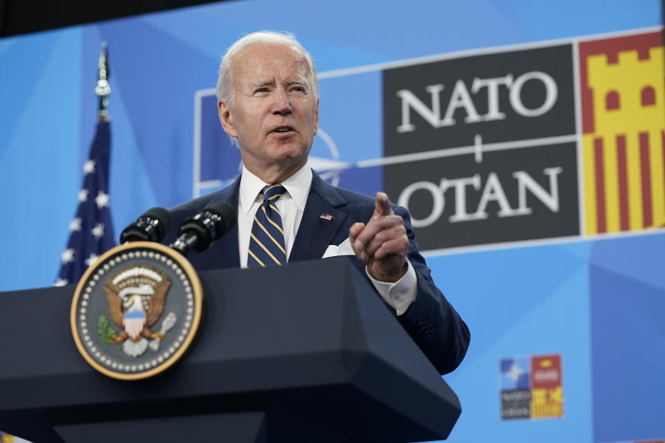 FILE - President Joe Biden speaks during a news conference on the final day of the NATO summit in Madrid, Thursday, June 30, 2022. President Joe Biden will head to Europe next week for a three-country swing in an effort to bolster the international coalition against Russian aggression as the war in Ukraine continues well into its second year. The main focus of the visit will be the annual NATO summit, which this year will be held in Vilnius, Lithuania. (AP Photo/Susan Walsh, File)