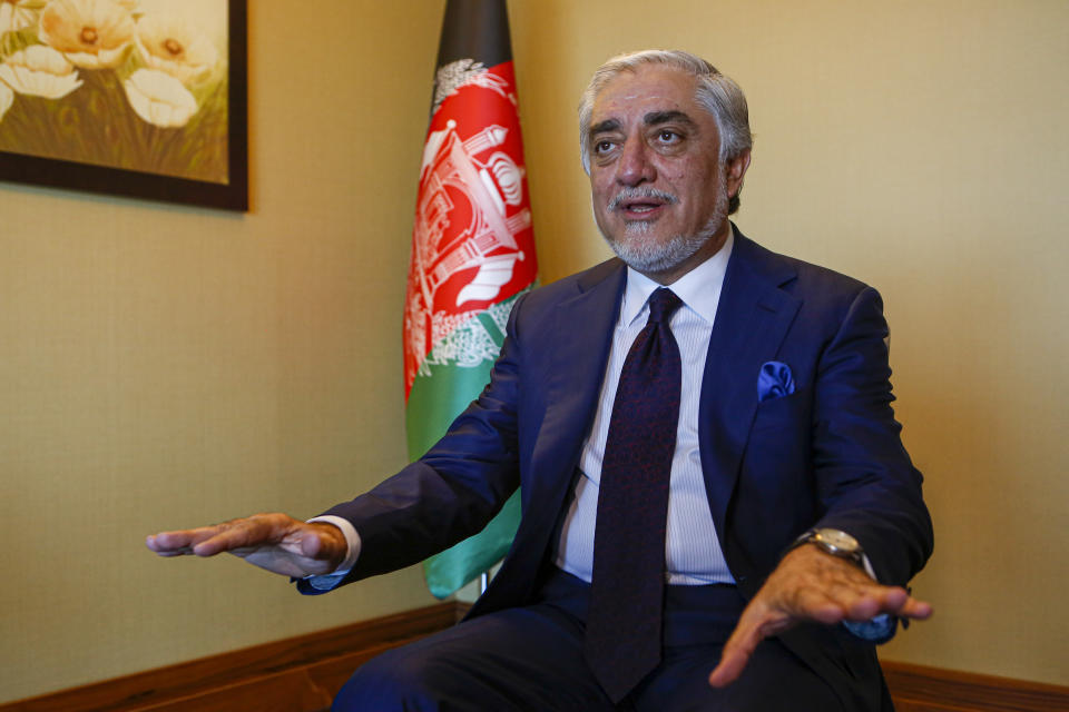 Abdullah Abdullah, head of Afghanistan's National Reconciliation Council, gestures as he talks to The Associated Press following an interview on the sidelines of a diplomatic forum in Antalya, Turkey, Friday, June 18, 2021. Abdullah expressed concerns hat the Taliban will have no interest in a political settlement with the U.S.-supported government in Kabul following the departure of U.S. and NATO forces. By Sept. 11 at the latest, around 2,300-3,500 remaining U.S. troops and roughly 7,000 allied NATO forces are scheduled to leave Afghanistan,, ending nearly 20 years of military engagement. (AP Photo/Mehmet Guzel)