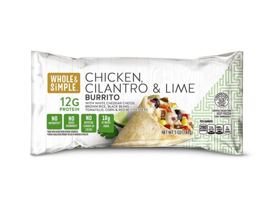 Green and white bag with chicken burrito from Aldi