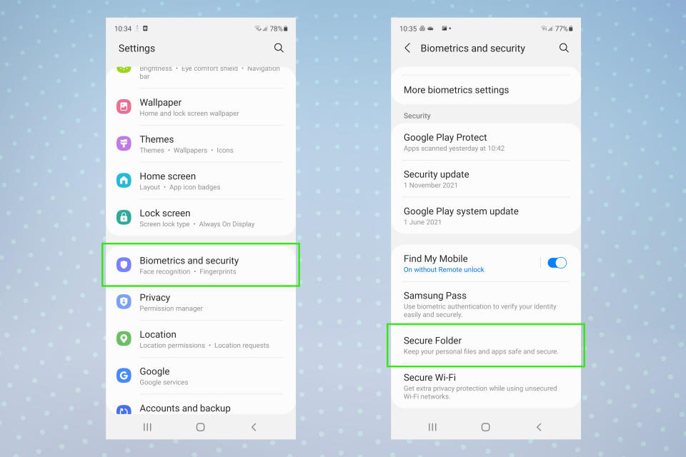 The Samsung Settings and Biometrics & security menus