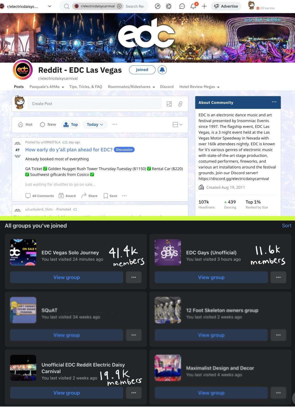 (top) edc las vegas subreddit (bottom) facebook groups of edc vegas solo journey, edc gays, and unofficial edc reddit electric daisy carnival