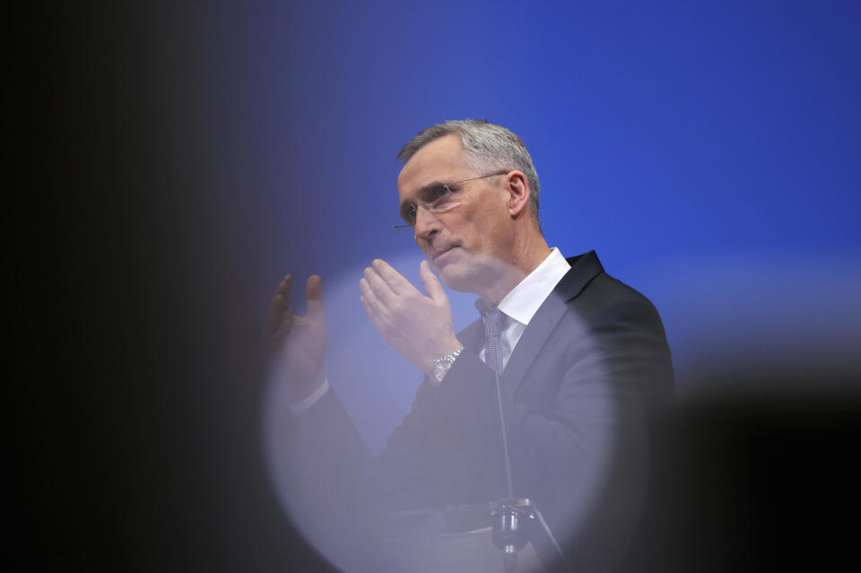 NATO Secretary General Jens Stoltenberg speaks during a media conference after convening an online NATO leaders summit at NATO headquarters in Brussels, Friday, Feb. 25, 2022. U.S. President Joe Biden and his NATO counterparts will seek Friday to reassure member countries on the alliance's eastern flank that their security is guaranteed as Russia's large-scale invasion of Ukraine closes in on the capital Kyiv. (AP Photo/Olivier Matthys)