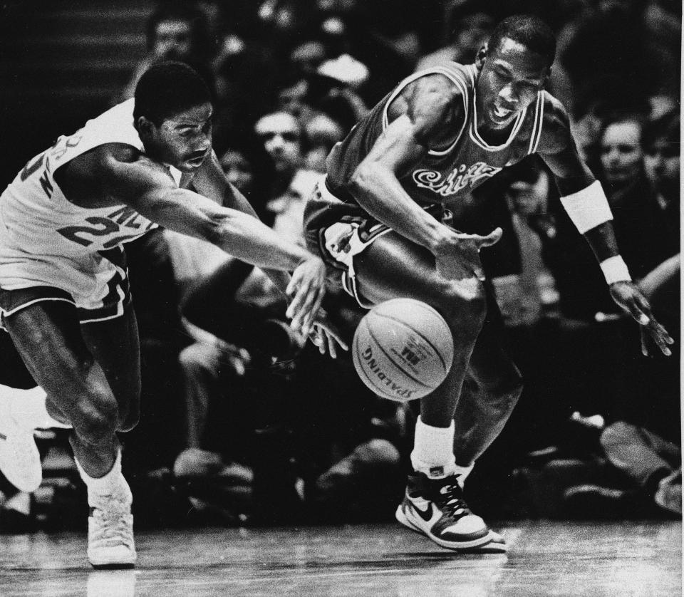 Michael Jordan wears the Air Jordan 1 in 1985.